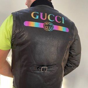 Gucci Leather Graphic Logo Puffer jacket Removable Sleeves Sz 46 Large Black